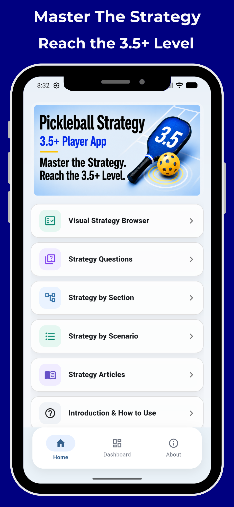 Pickleball Strategy app home screen with Visual Strategy Browser and Strategy Questions
