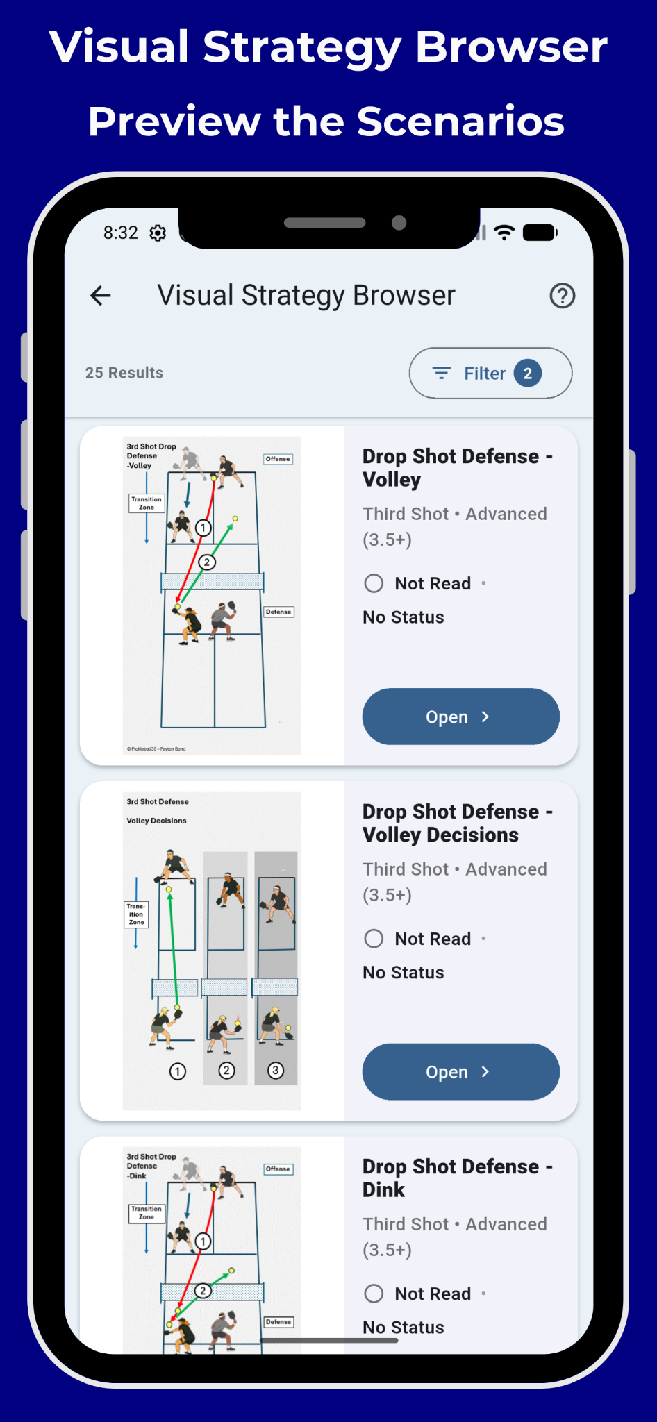 Visual Strategy Browser with multiple pickleball strategy diagrams