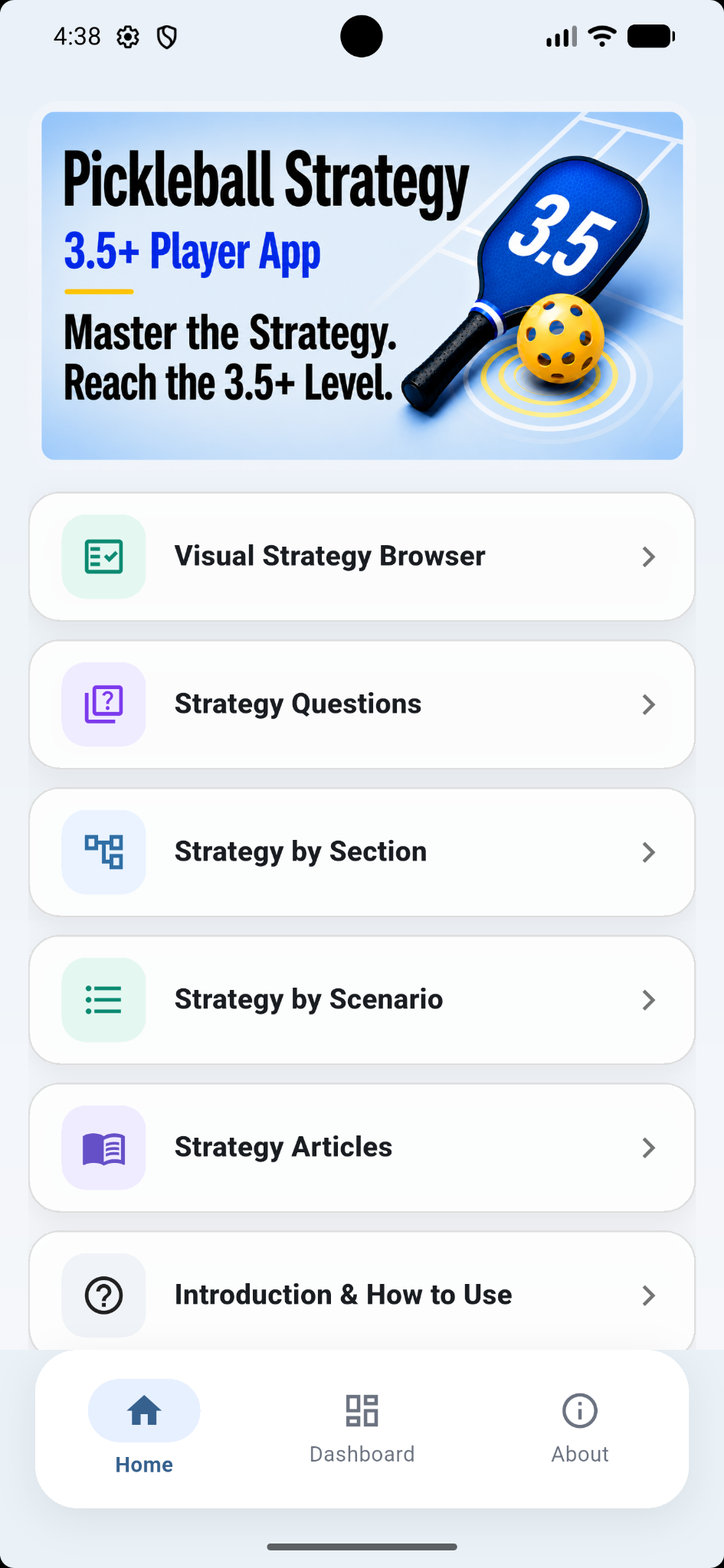 Pickleball Strategy 3.5+ Player App home screen