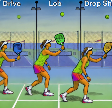 AI image of a pickleball player progressing through third shot options