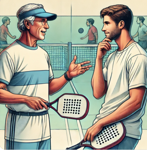 AI image of 2 pickleball players discussing serve legality