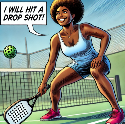 AI image of a pickleball player getting ready to hit a third shot drop