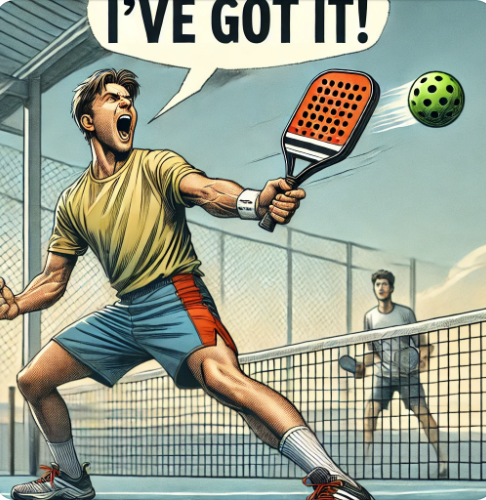 AI picture of a pickleball player yelling I've got it