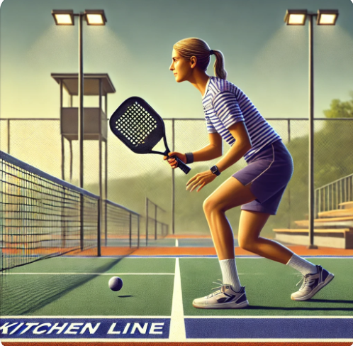 AI picture of a pickleball player standing next to the kitchen line