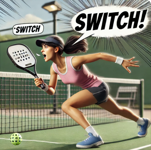 AI generated image of a pickleball player yelling switch on a lob shot