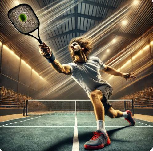 AI generated image of a pickleball player hitting an overhead smash