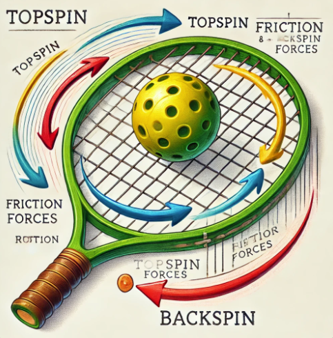 AI image of pickleball ball contact with the paddle and physics of spin